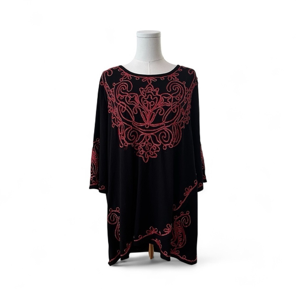 Women's 1X Black Red Metallic Embroidered Tunic Curvy Plus Half Sleeve Blouse